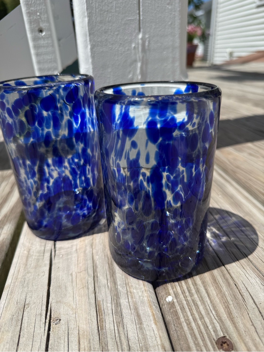 2 Hand Blown  5 1/2" Art Glass Blue & White Confetti Tumbler HighBall Set